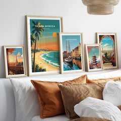 Santa Monica Beach Poster – Pier View art displayed on a stylish wall, showcasing California's vibrant beach scenery.