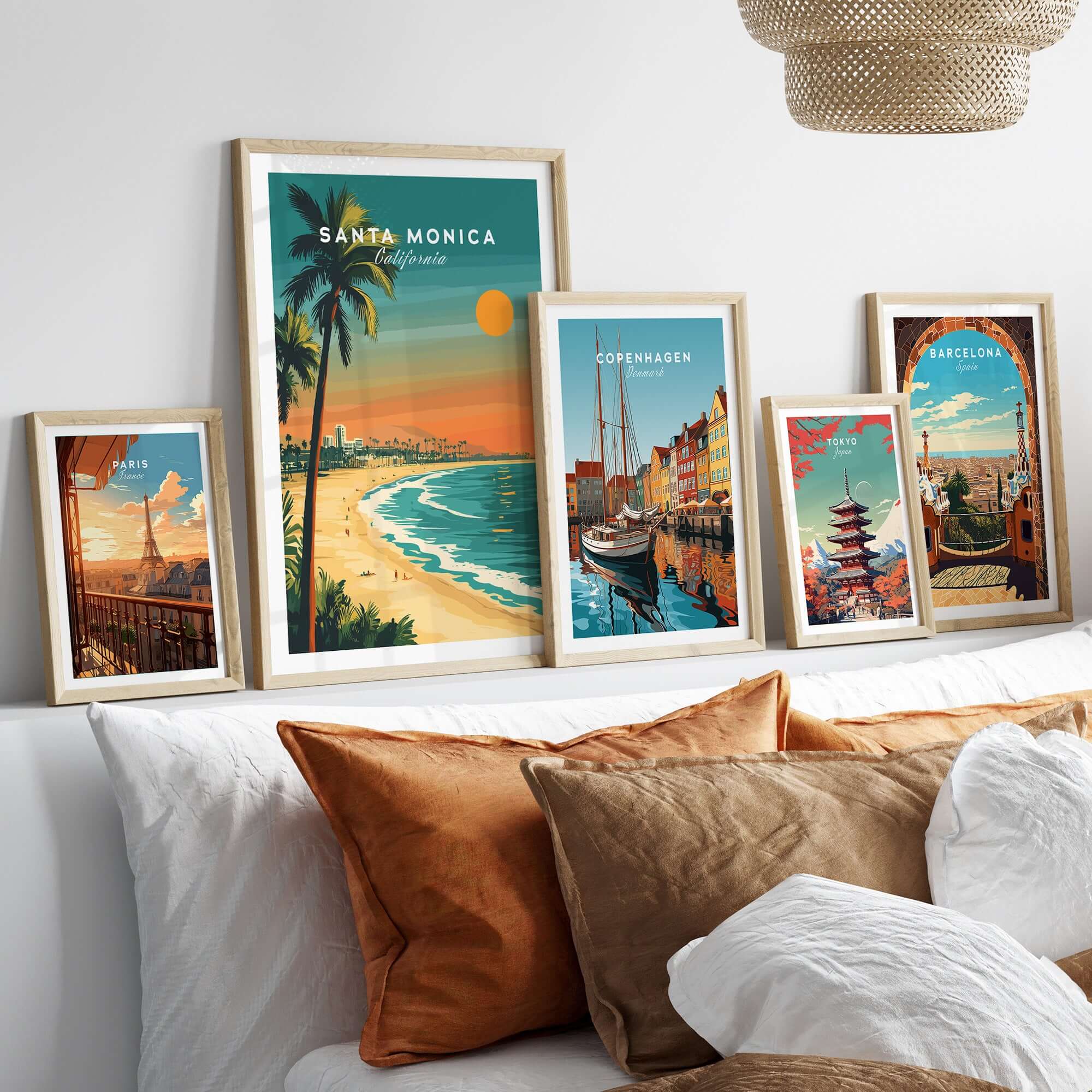 Santa Monica Beach Poster – Pier View art displayed on a stylish wall, showcasing California's vibrant beach scenery.