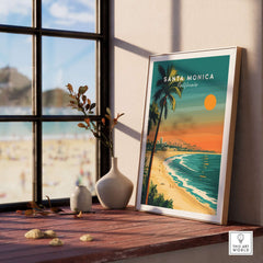 Santa Monica Beach Poster – Pier View showcasing vibrant beach scenery through window with plants and decor.