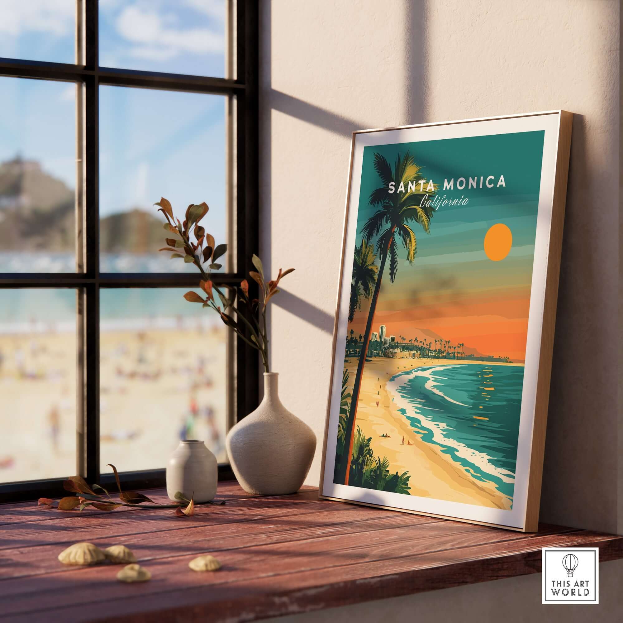 Santa Monica Beach Poster – Pier View showcasing vibrant beach scenery through window with plants and decor.