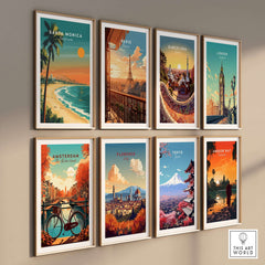 Santa Monica Beach Poster – Pier View among a collection of vibrant city travel posters on a wall.
