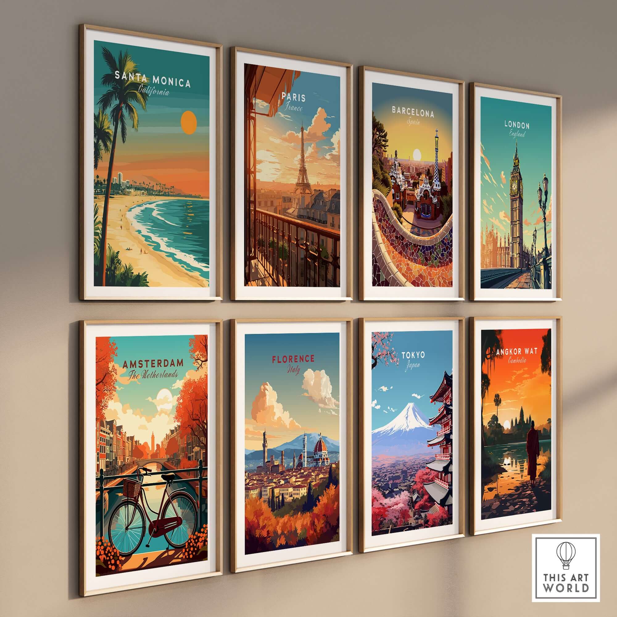 Santa Monica Beach Poster – Pier View among a collection of vibrant city travel posters on a wall.