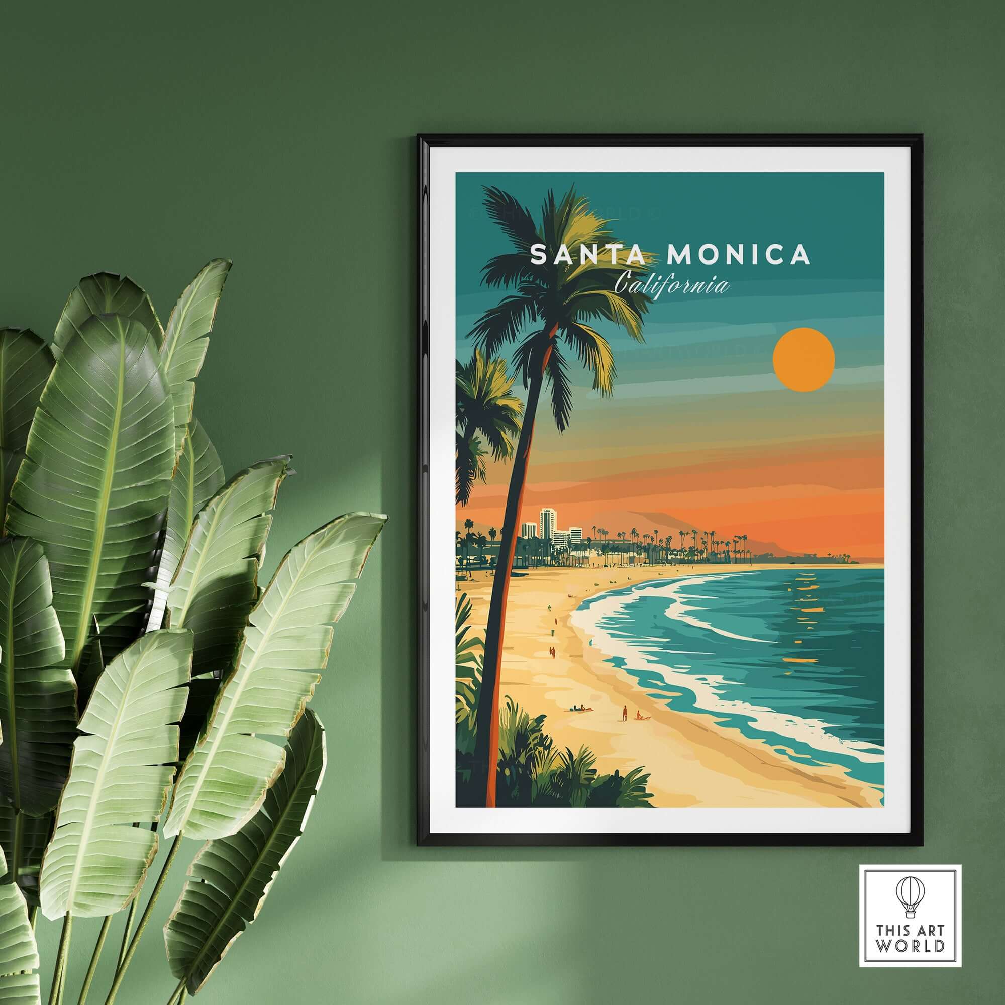 Santa Monica Beach Poster – Pier View showcasing vibrant palm trees and a stunning sunset over the beach.