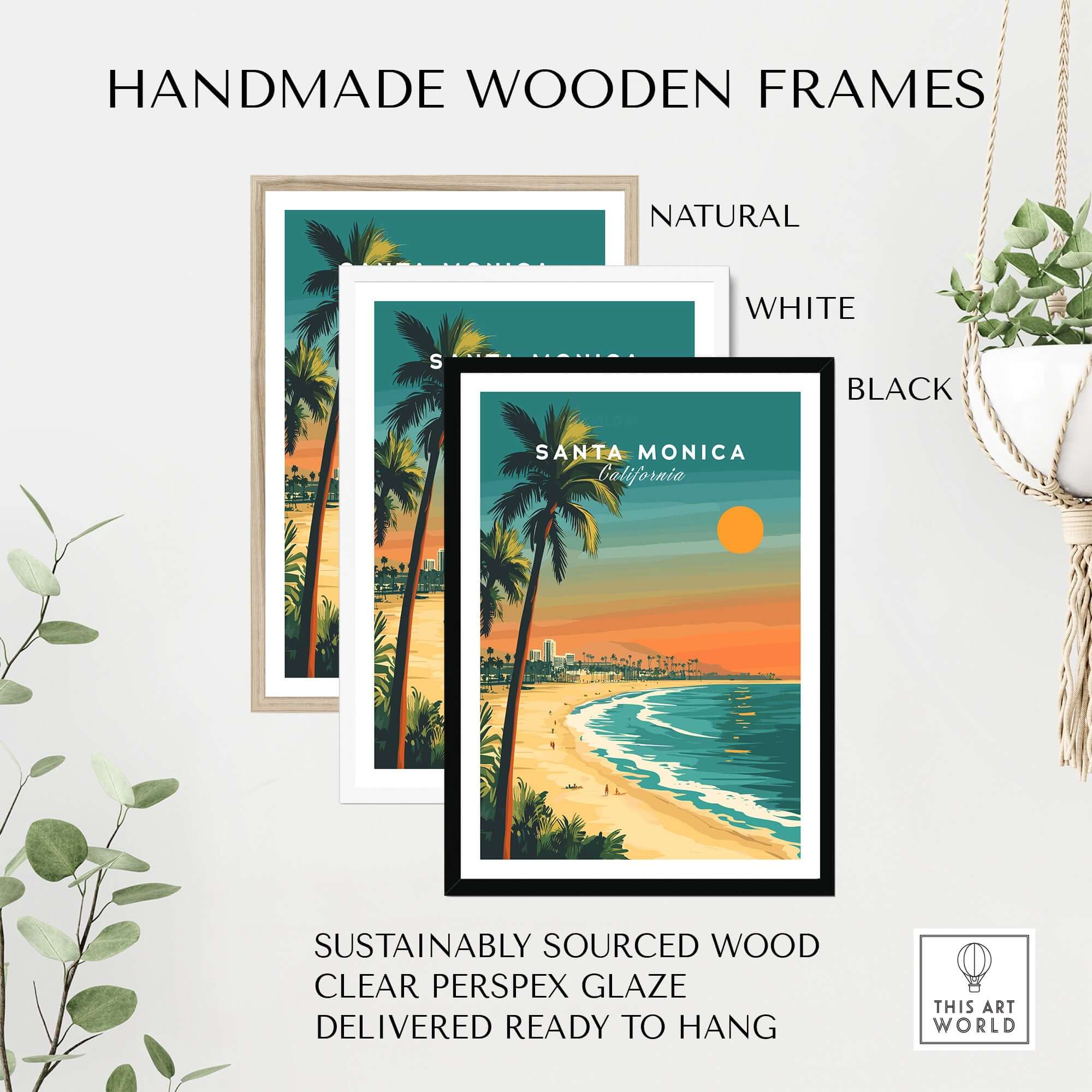 Handmade wooden frames in natural, white, and black styles for Santa Monica Beach Poster – Pier View.