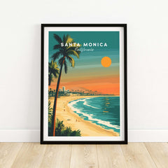 Santa Monica Beach Poster – Pier View featuring a colorful California sunset and palm trees.