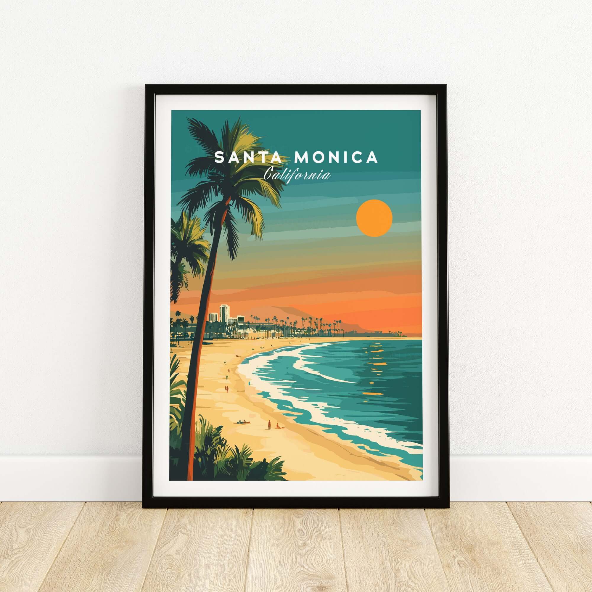 Santa Monica Beach Poster – Pier View featuring a colorful California sunset and palm trees.