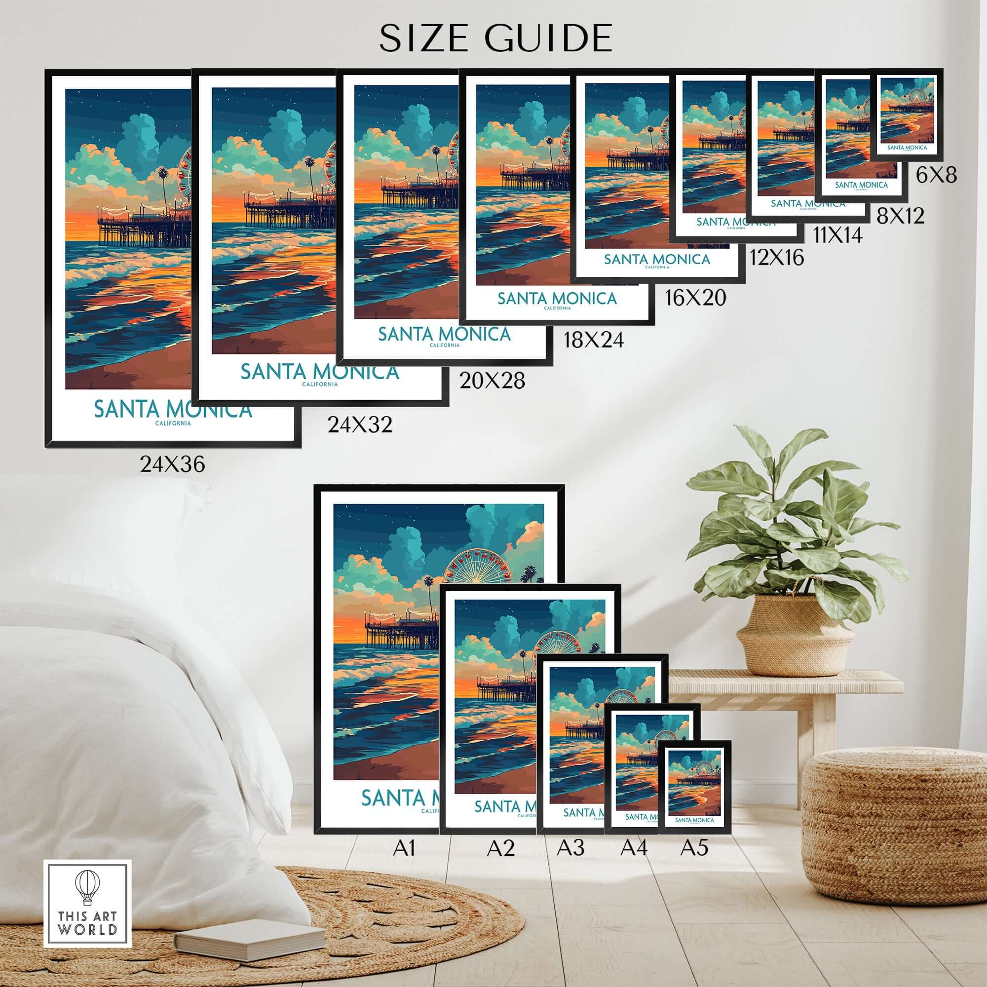 Santa Monica Pier Poster – California Wall Art Size Guide with various frame sizes displayed in a cozy room setting