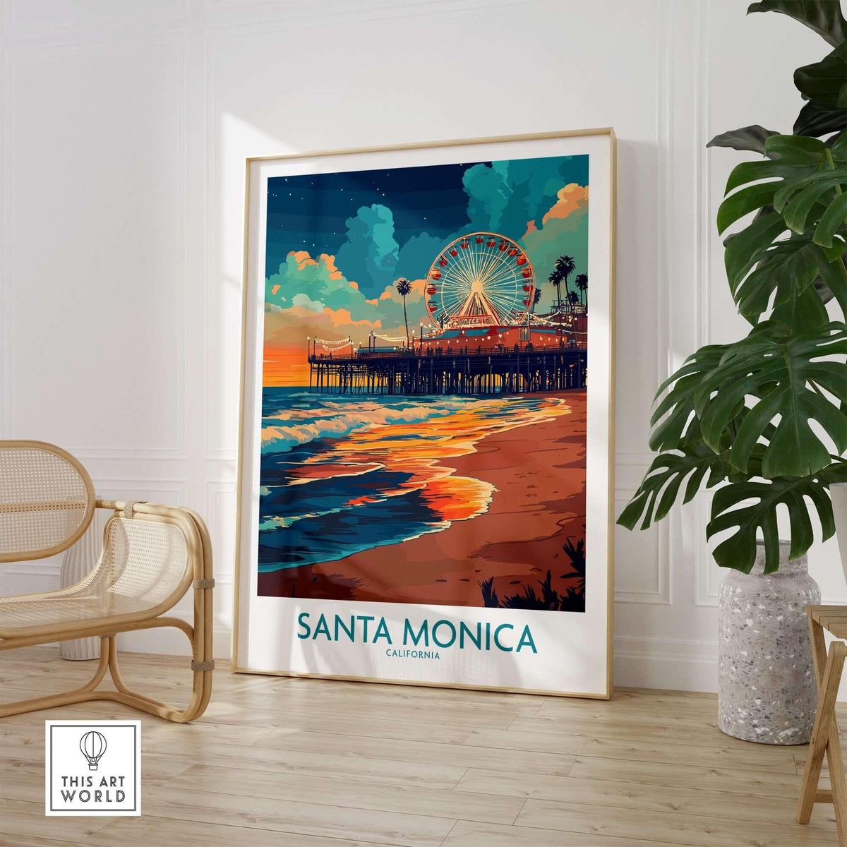 Santa Monica Pier Poster – California Wall Art showcasing a vibrant sunset with the iconic pier in California.
