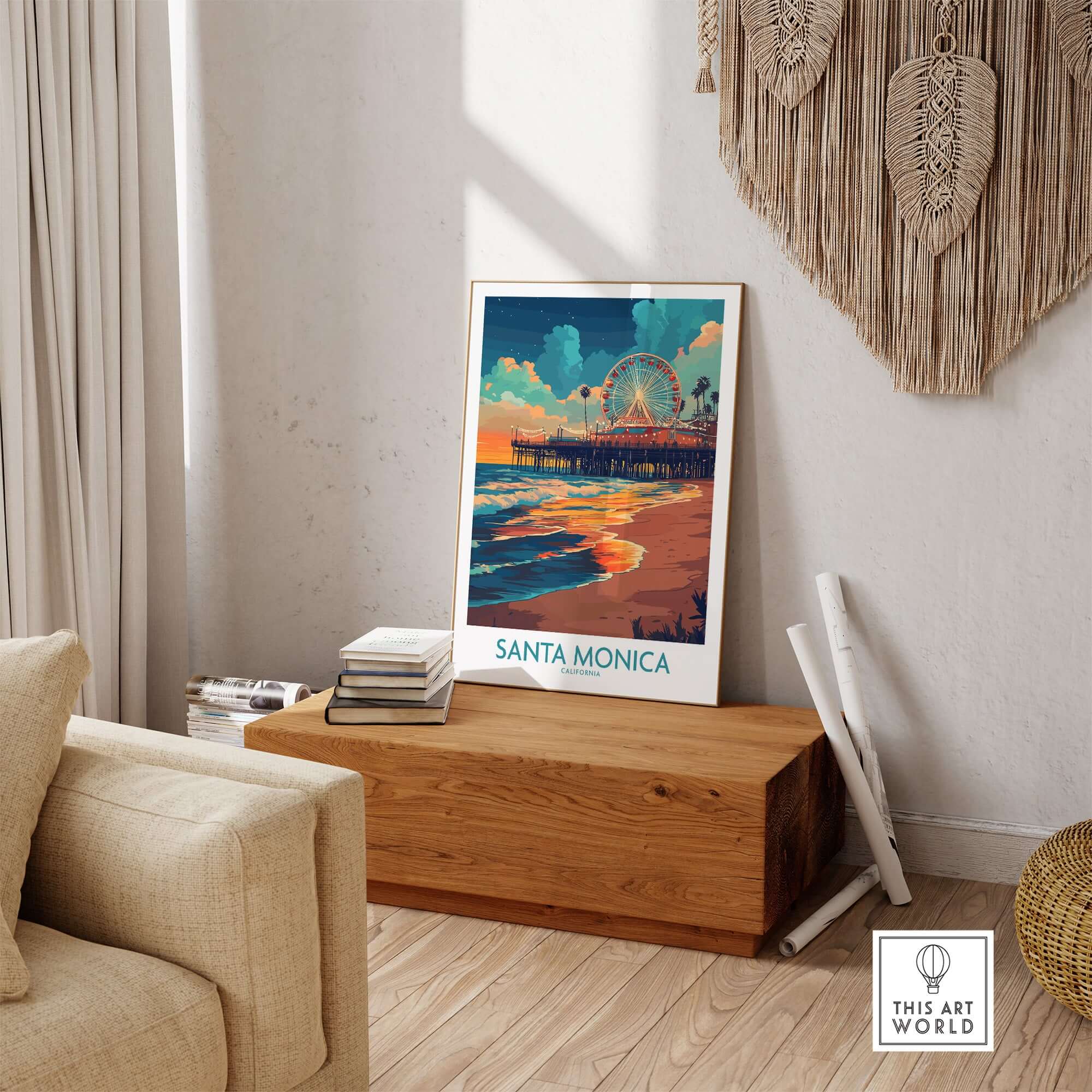 Santa Monica Pier Poster – California Wall Art displayed in a cozy living room with beach-themed decor.