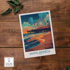 Santa Monica Pier Poster – California Wall Art featuring the iconic pier and sunset over the ocean.