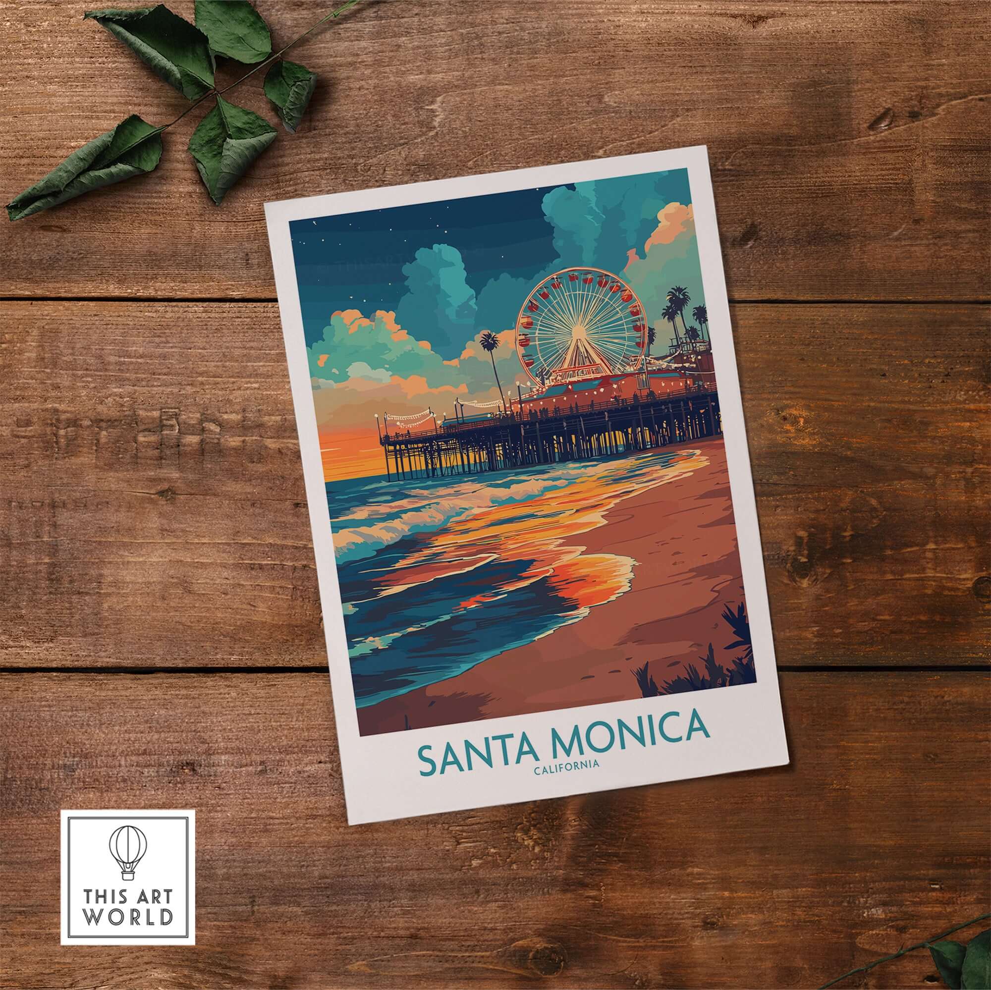 Santa Monica Pier Poster – California Wall Art featuring the iconic pier and sunset over the ocean.