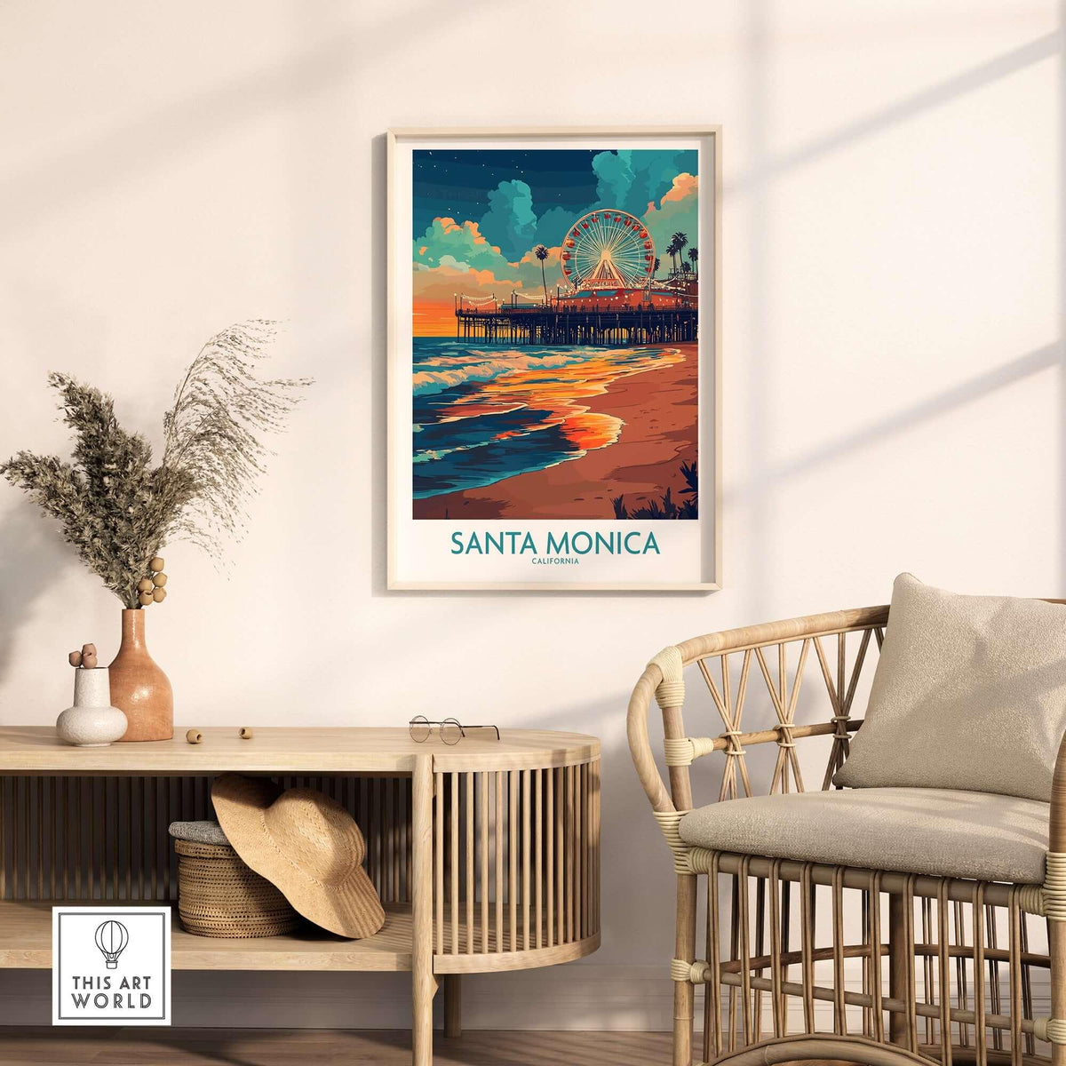 Santa Monica Pier Poster – California Wall Art displayed in a stylish living room with beachy decor and calming sunset colors.