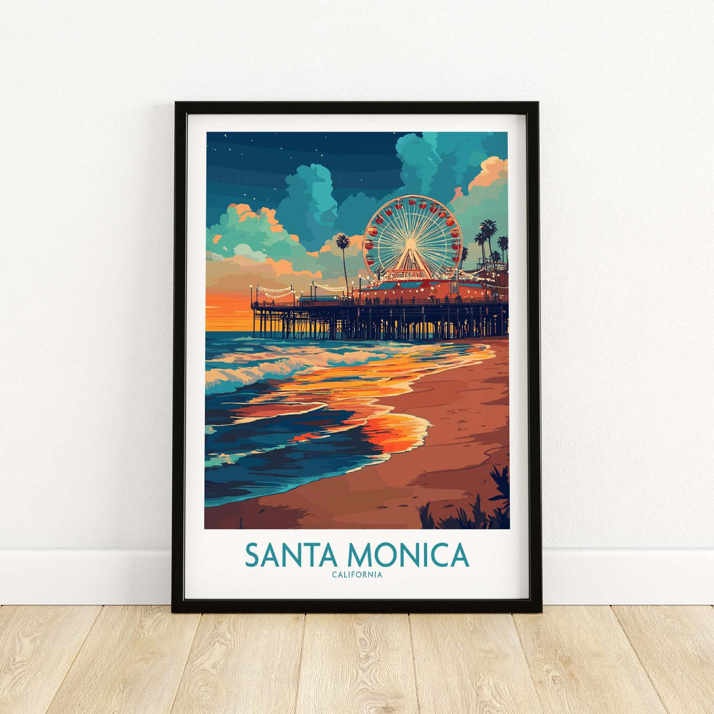 Santa Monica Pier poster featuring vibrant sunset and iconic ferris wheel, perfect California wall art.