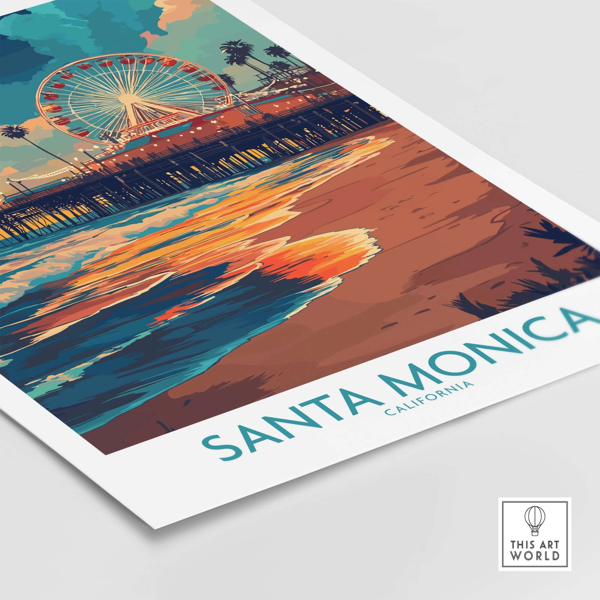 Santa Monica Pier Poster – California Wall Art featuring vibrant sunset and iconic pier.