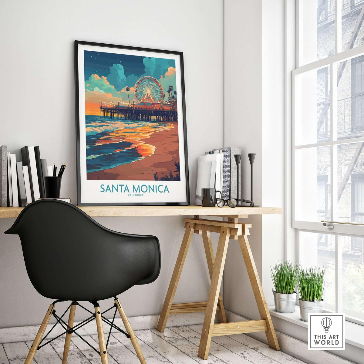 Santa Monica Pier Poster – California Wall Art displayed in a modern office setting, showcasing a serene coastal vibe.
