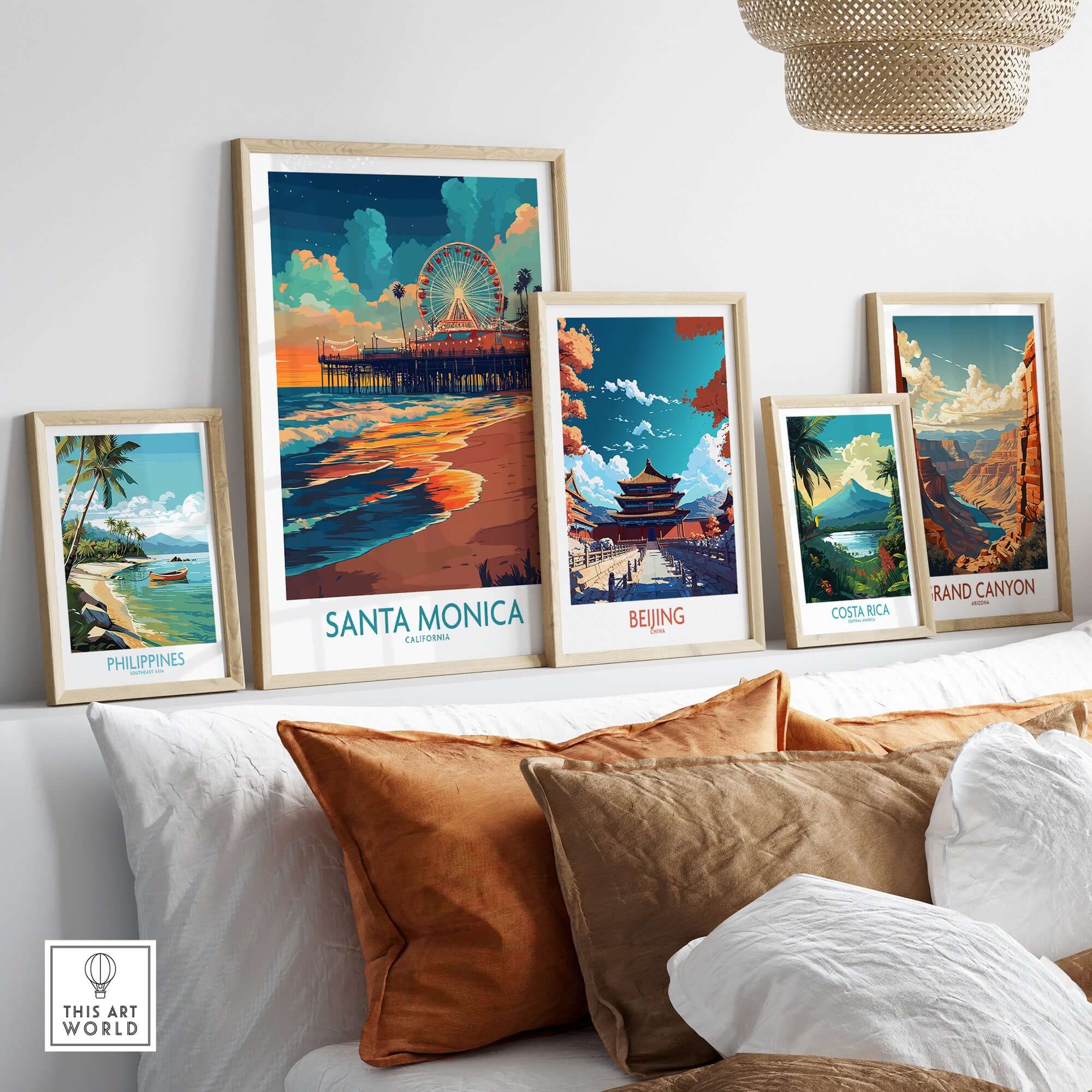 Santa Monica Pier Poster – California Wall Art displayed among travel posters in a stylish interior setting.