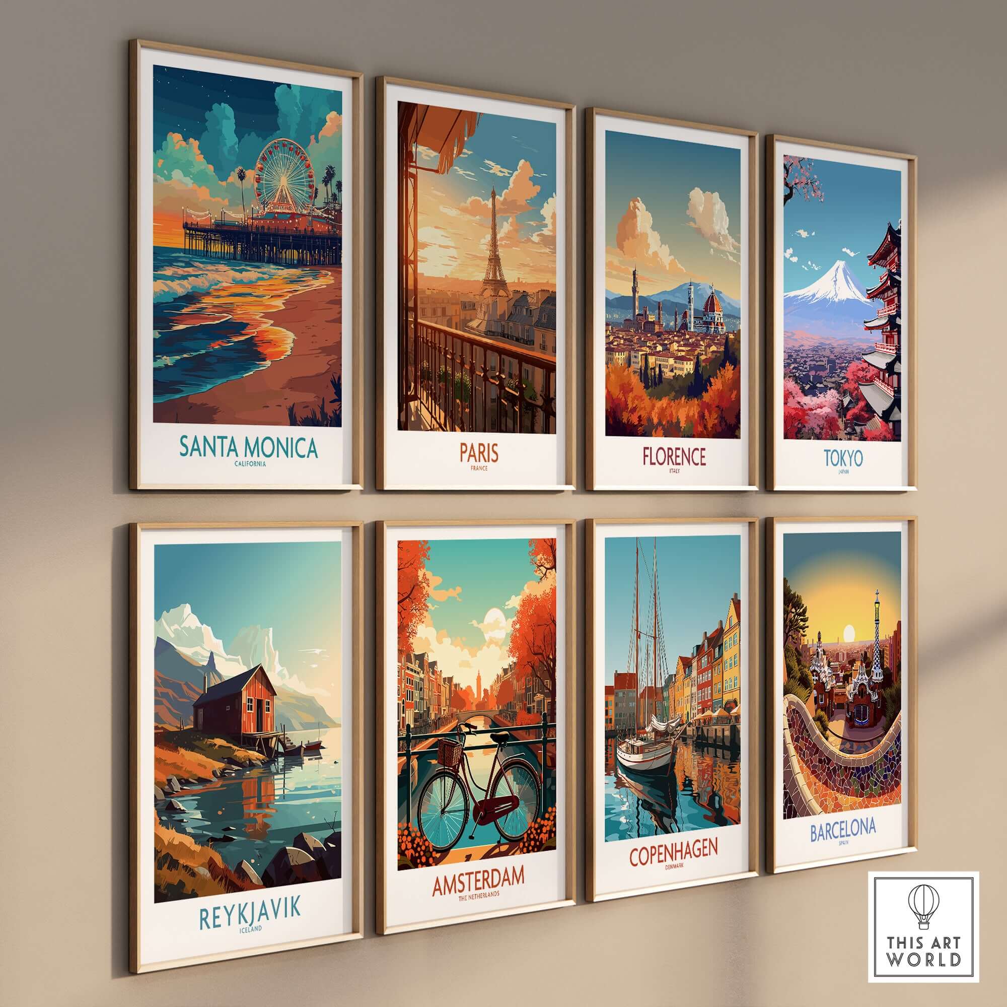 Santa Monica Pier Poster – California Wall Art displayed among various city posters including Paris, Florence, and Tokyo.