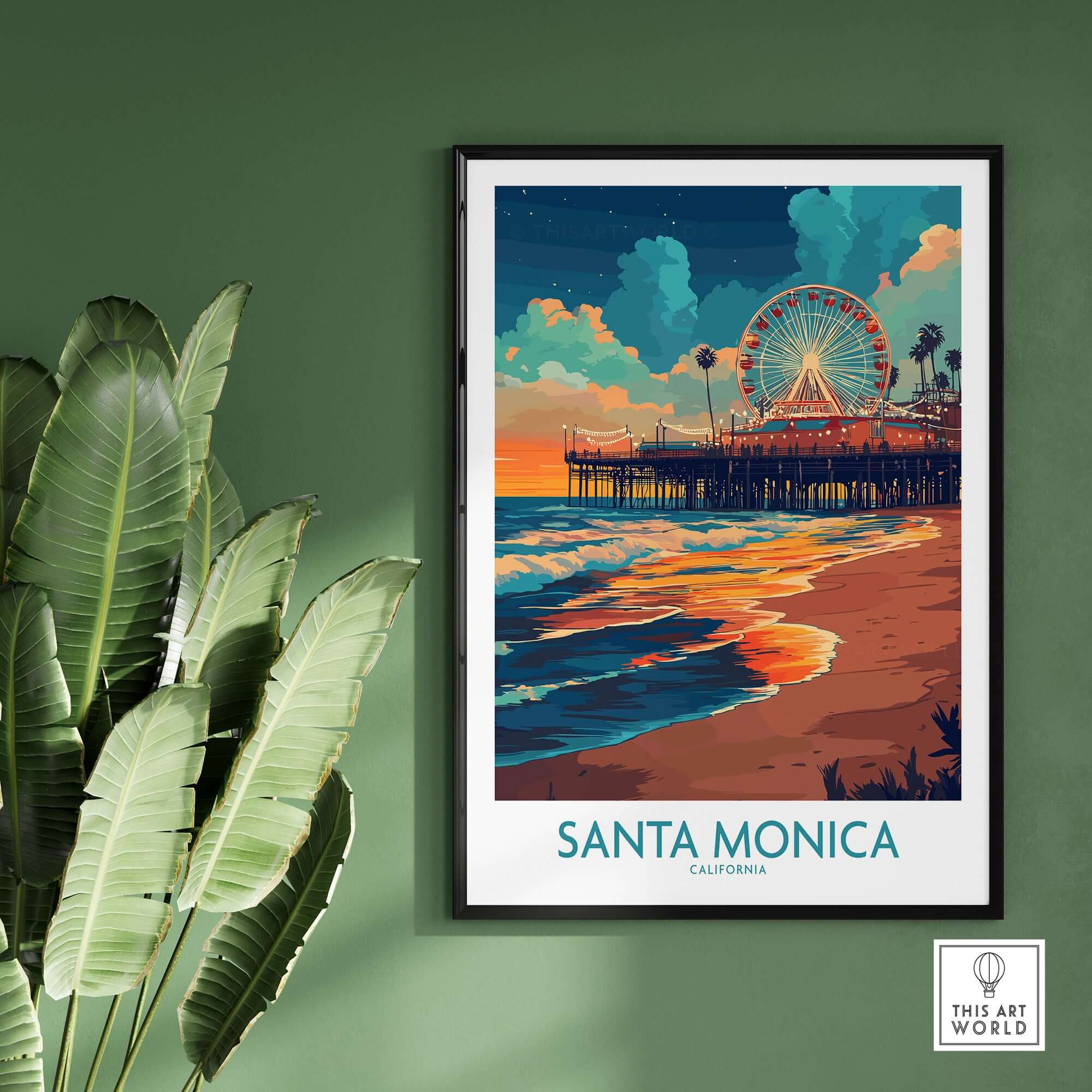 Santa Monica Pier Poster – California Wall Art showcasing a vibrant sunset at Santa Monica Beach.
