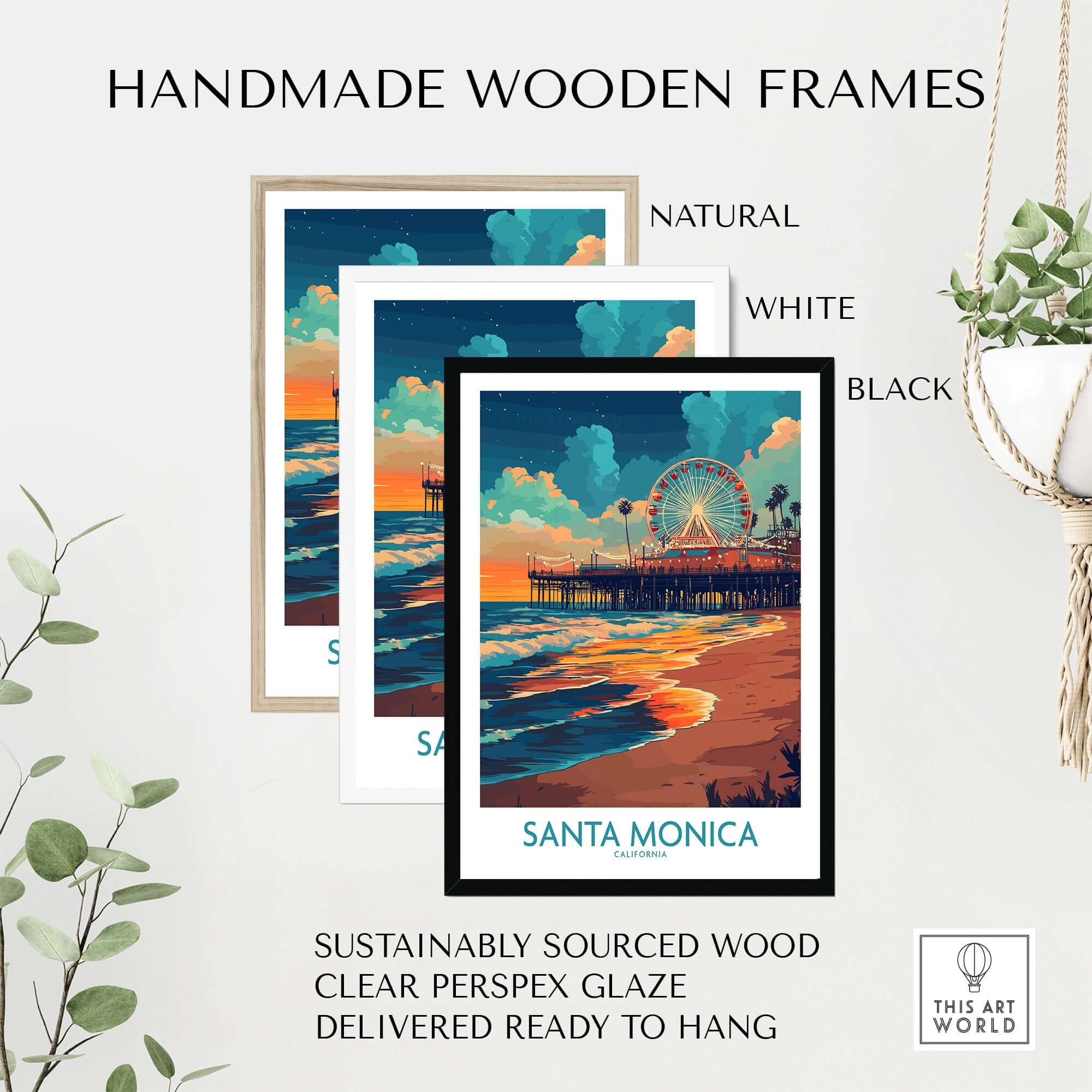 Santa Monica Pier Poster – California Wall Art displayed in handmade wooden frames in natural, white, and black colors.