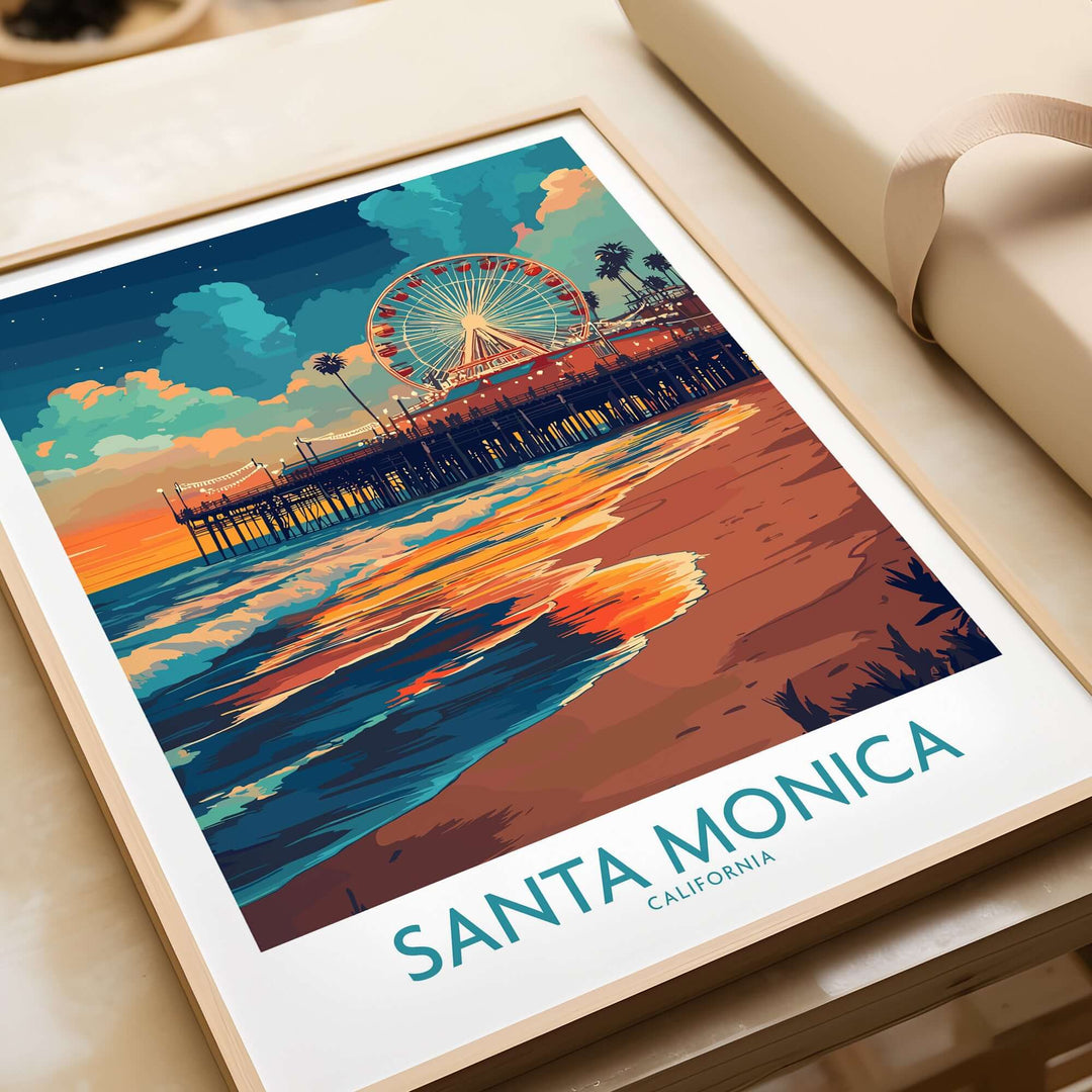 Santa Monica Pier poster featuring vibrant sunset colors and iconic ferris wheel in California wall art.