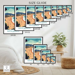 Santa Monica Pier Print – Capture Coastal Memories size guide with various frame options and beach scene.