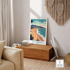 Santa Monica Pier Print – Capture Coastal Memories displayed in a cozy living space with beach-themed decor.