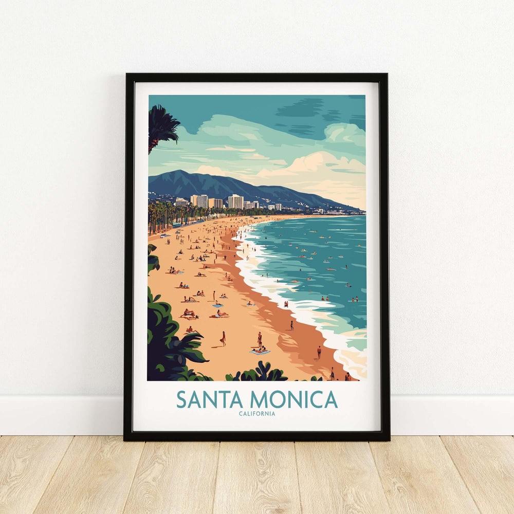 Santa Monica Pier print showcasing vibrant coastal scene with beachgoers and mountains in the background. California wall art.