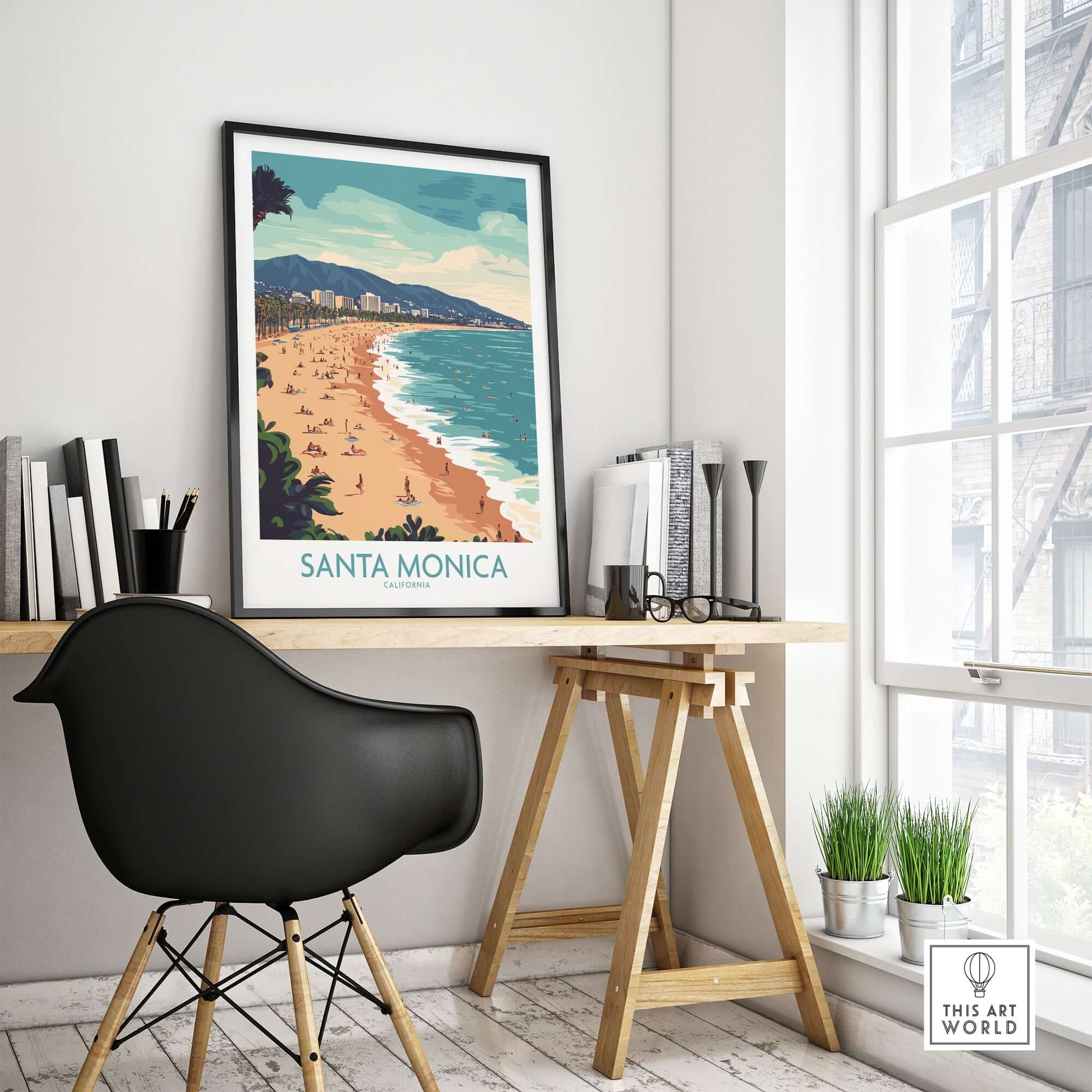 Santa Monica Pier Print – Capture Coastal Memories showcased in a stylish home office setting.
