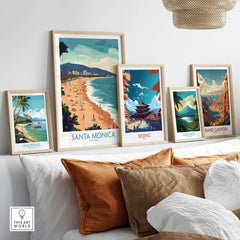 Santa Monica Pier Print – Capture Coastal Memories displayed among other travel-themed prints in a stylish room setting.