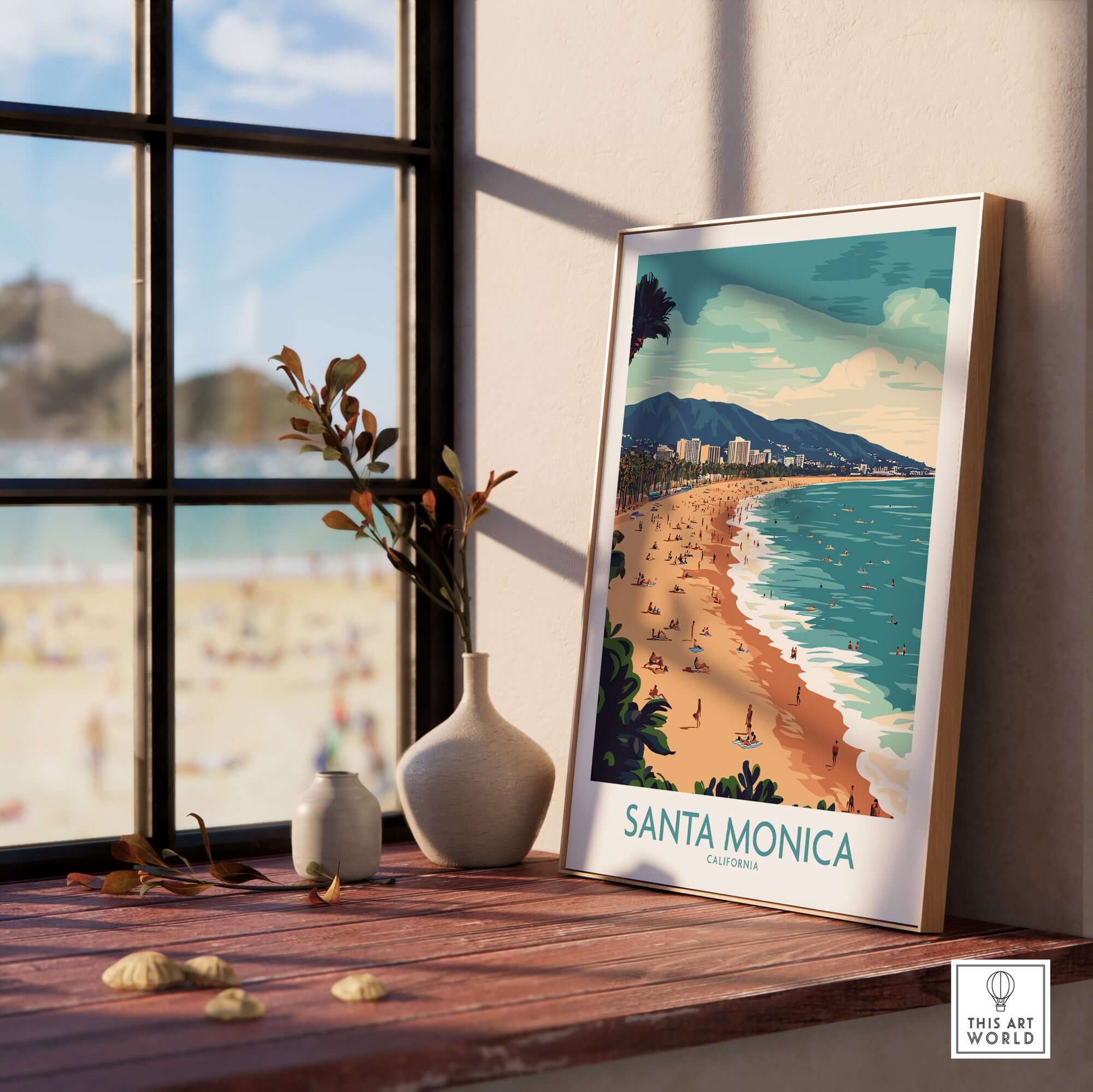 Santa Monica Pier Print – Capture Coastal Memories displayed in a serene interior with ocean view.