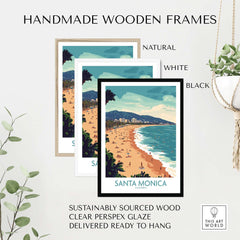 Santa Monica Pier Print – Capture Coastal Memories in handmade wooden frames showcasing natural, white, and black styles.