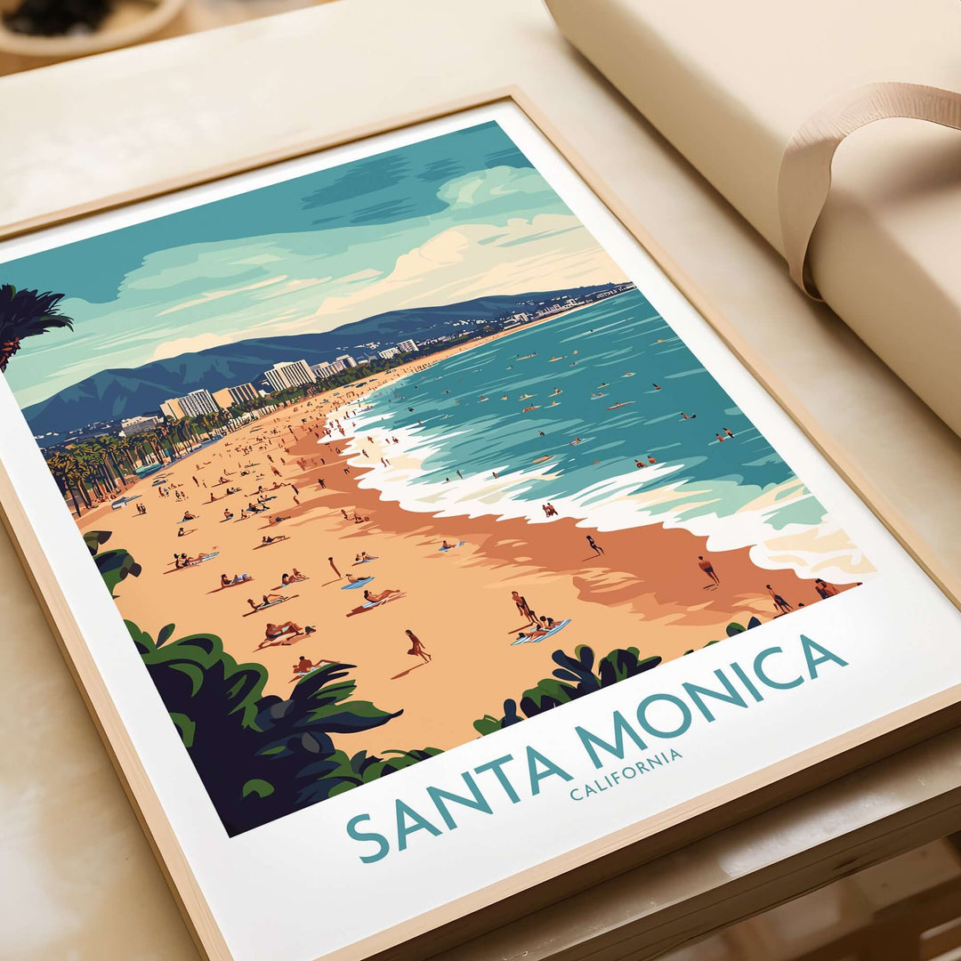 Santa Monica Pier Print showcasing vibrant beach scene, perfect coastal wall art for California lovers.