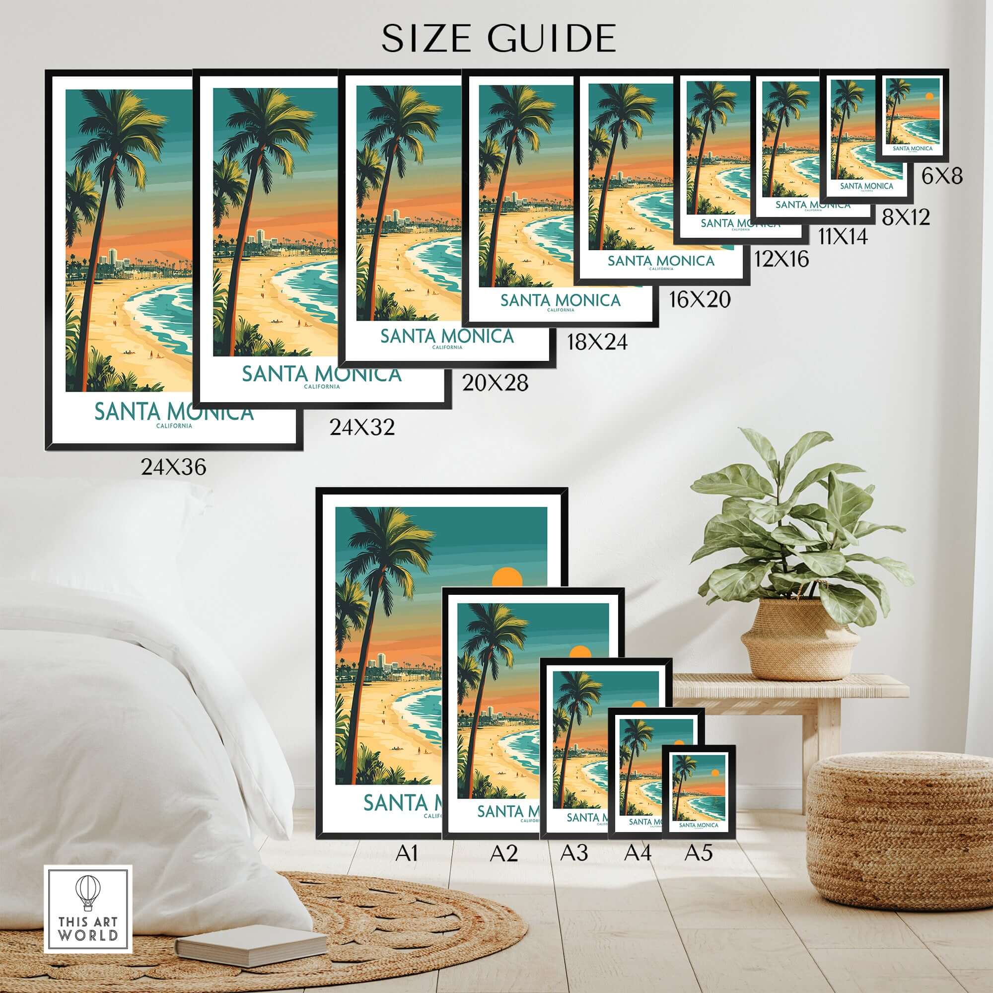 Santa Monica Sunset Wall Art: Beach & Pier Print size guide showcasing various print sizes on display.