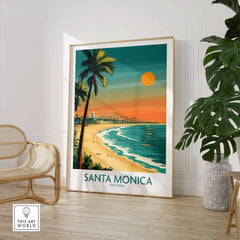 Santa Monica Sunset Wall Art: Beach & Pier Print showcasing a beautiful beach scene with palm trees and sunset.