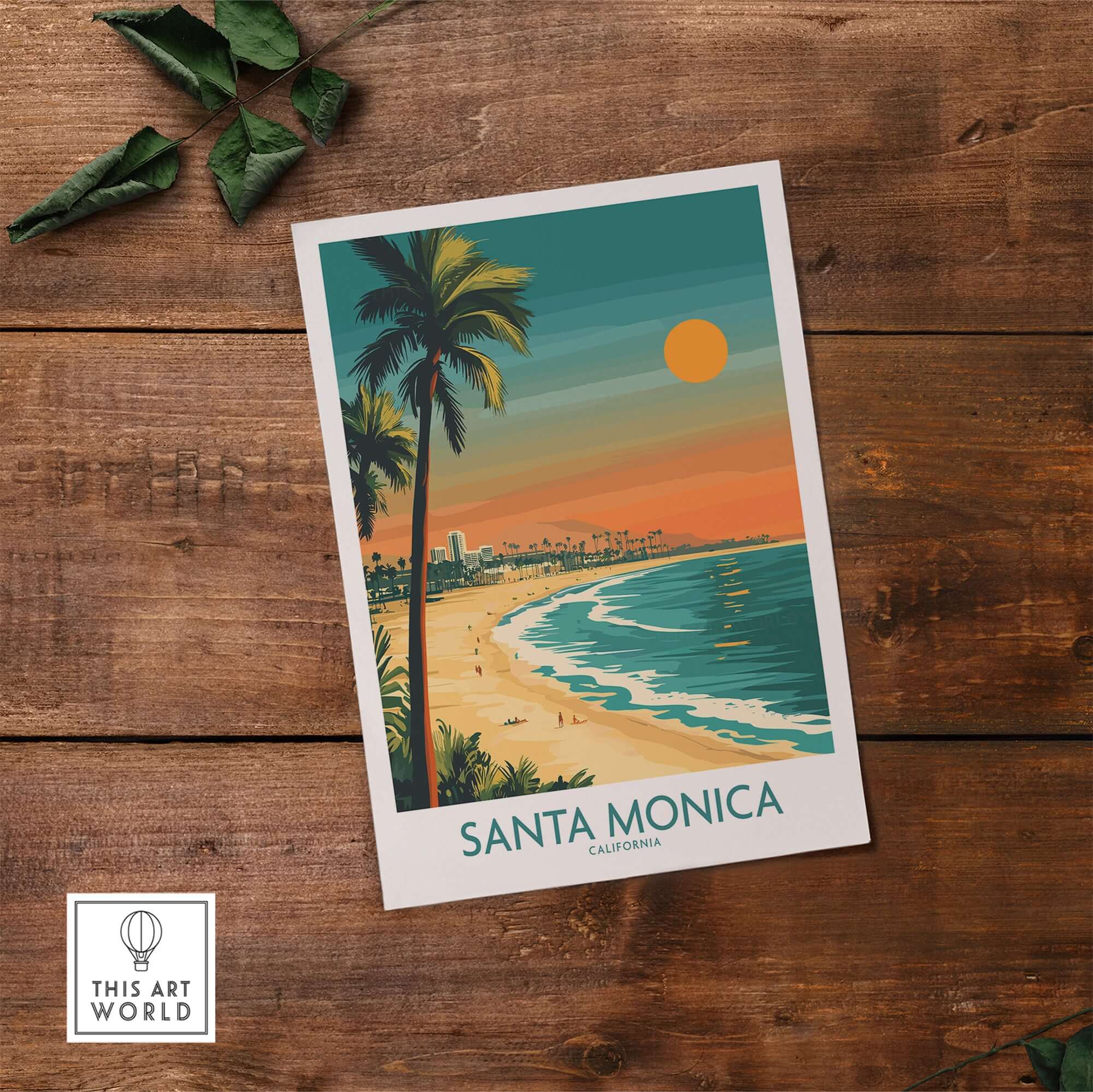 Santa Monica Sunset Wall Art: Beach & Pier Print featuring vibrant colors and coastal scenery.