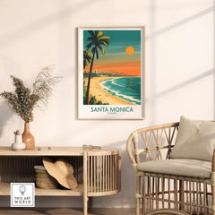 Santa Monica Sunset Wall Art: Beach & Pier Print featuring a coastal scene with palm trees and sunset.