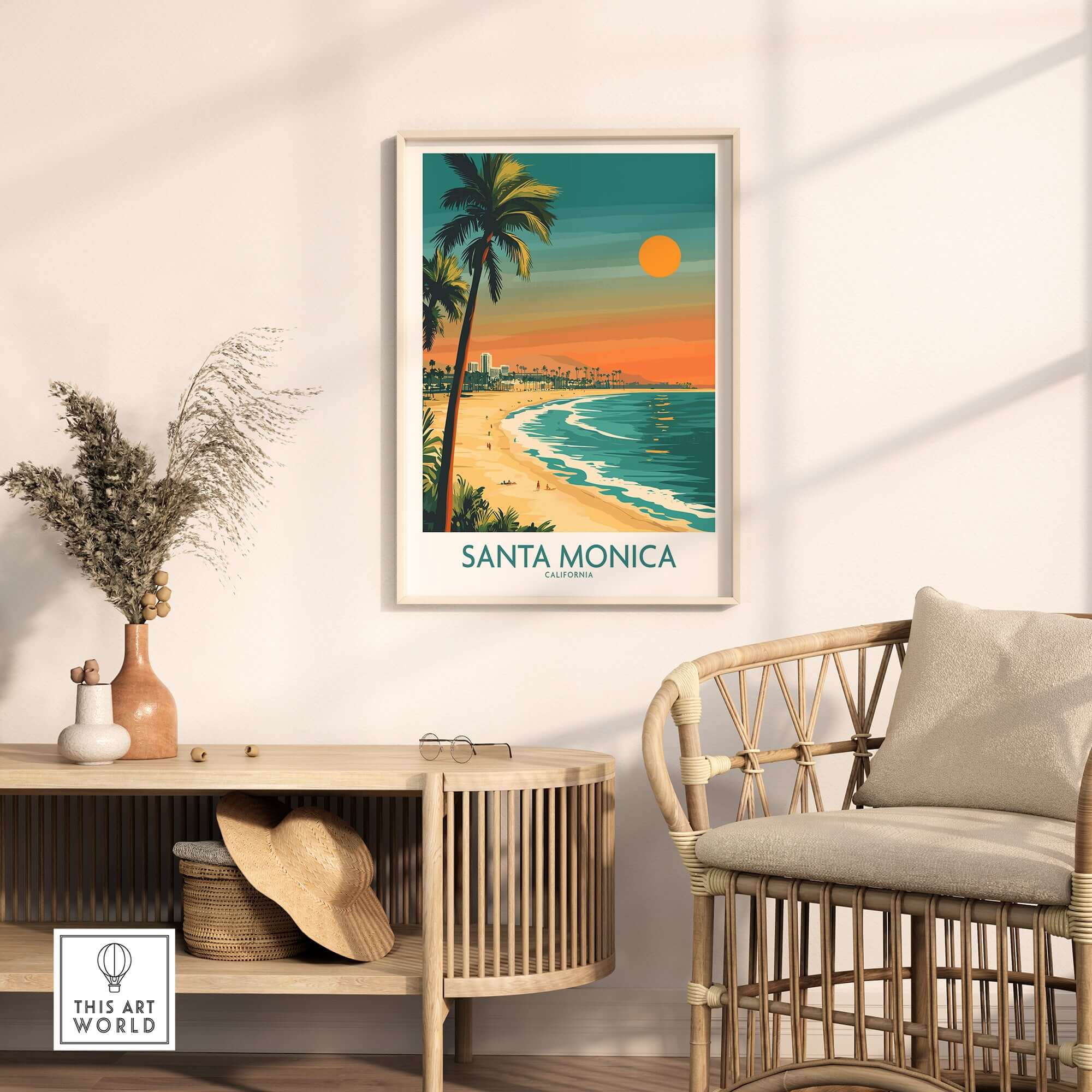Santa Monica Sunset Wall Art: Beach & Pier Print featuring a coastal scene with palm trees and sunset.