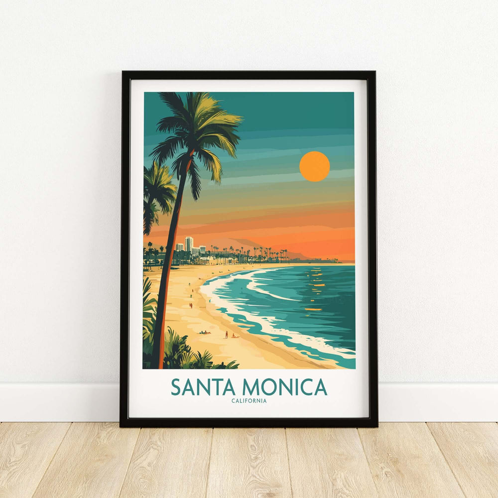 Santa Monica sunset wall art featuring a beach, pier, and palm trees in vibrant colors.