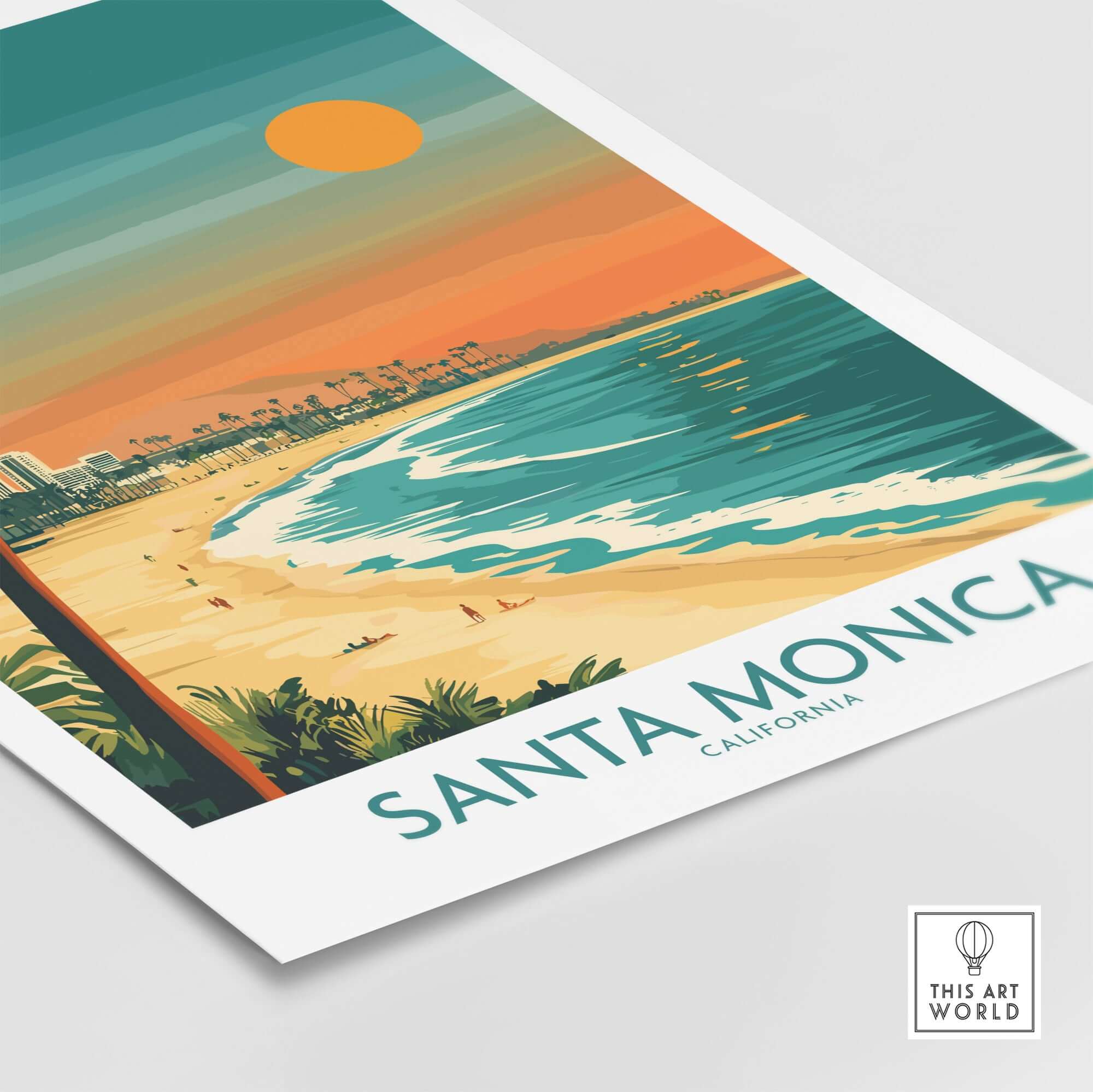 Santa Monica Sunset Wall Art: Beach & Pier Print showcasing a vibrant coastal scene with waves and the sun.