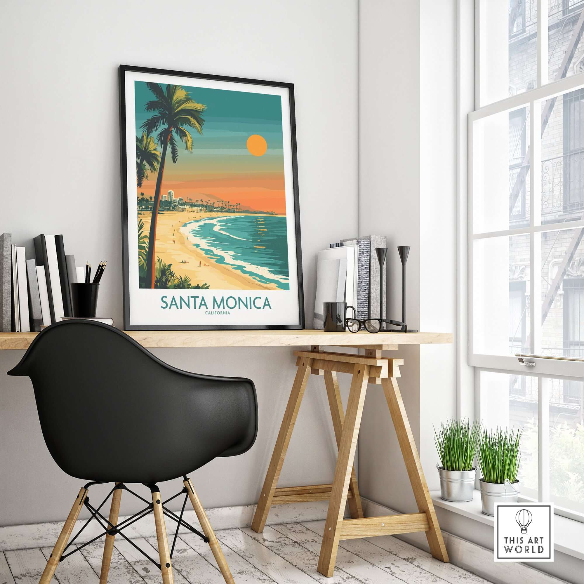 Santa Monica Sunset Wall Art: Beach & Pier Print showcasing a beautiful coastal scene in an artistic setting.