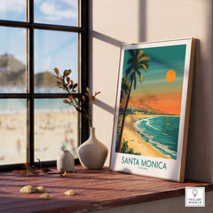 Santa Monica Sunset Wall Art: Beach & Pier Print displayed in a bright room with a beach view.