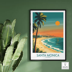 Santa Monica Sunset Wall Art: Beach & Pier Print featuring a vibrant beach scene and palm trees.