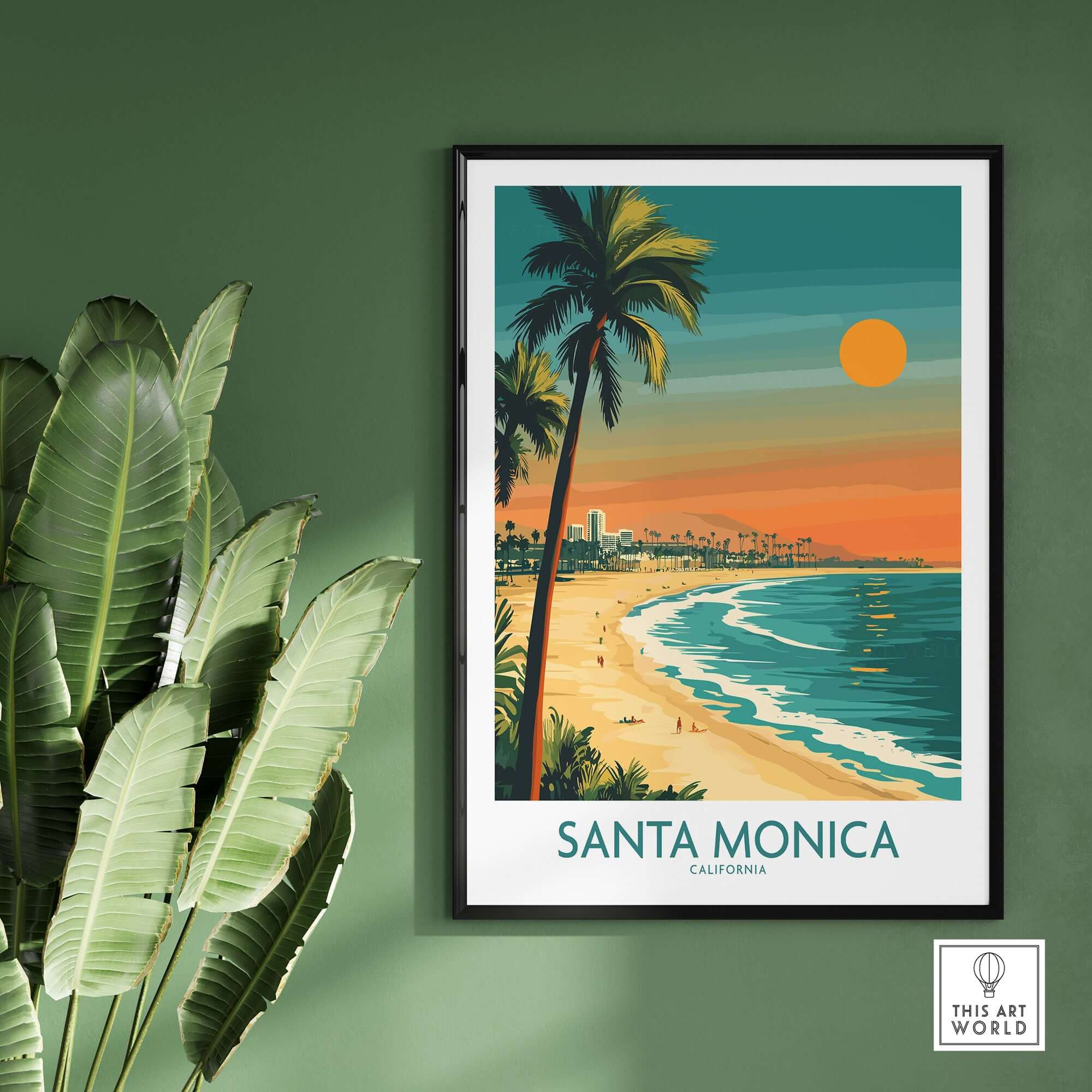 Santa Monica Sunset Wall Art: Beach & Pier Print featuring a vibrant beach scene and palm trees.