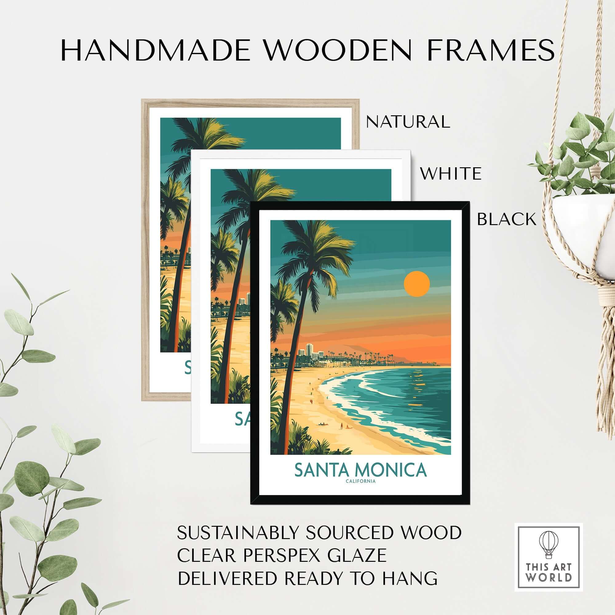 Handmade wooden frames for Santa Monica Sunset Wall Art: Beach & Pier Print in natural, white, and black finishes.
