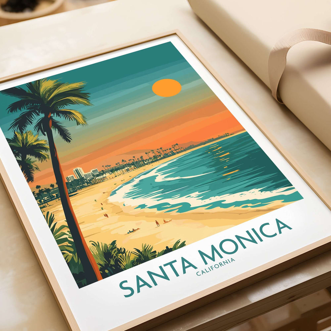 Santa Monica sunset wall art print featuring beach, pier, and palm trees in vibrant colors.