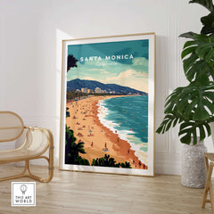 Santa Monica Wall Art Print – Sun, Sea, and Serenity showcasing a vibrant California beach scene in a stylish interior setting.