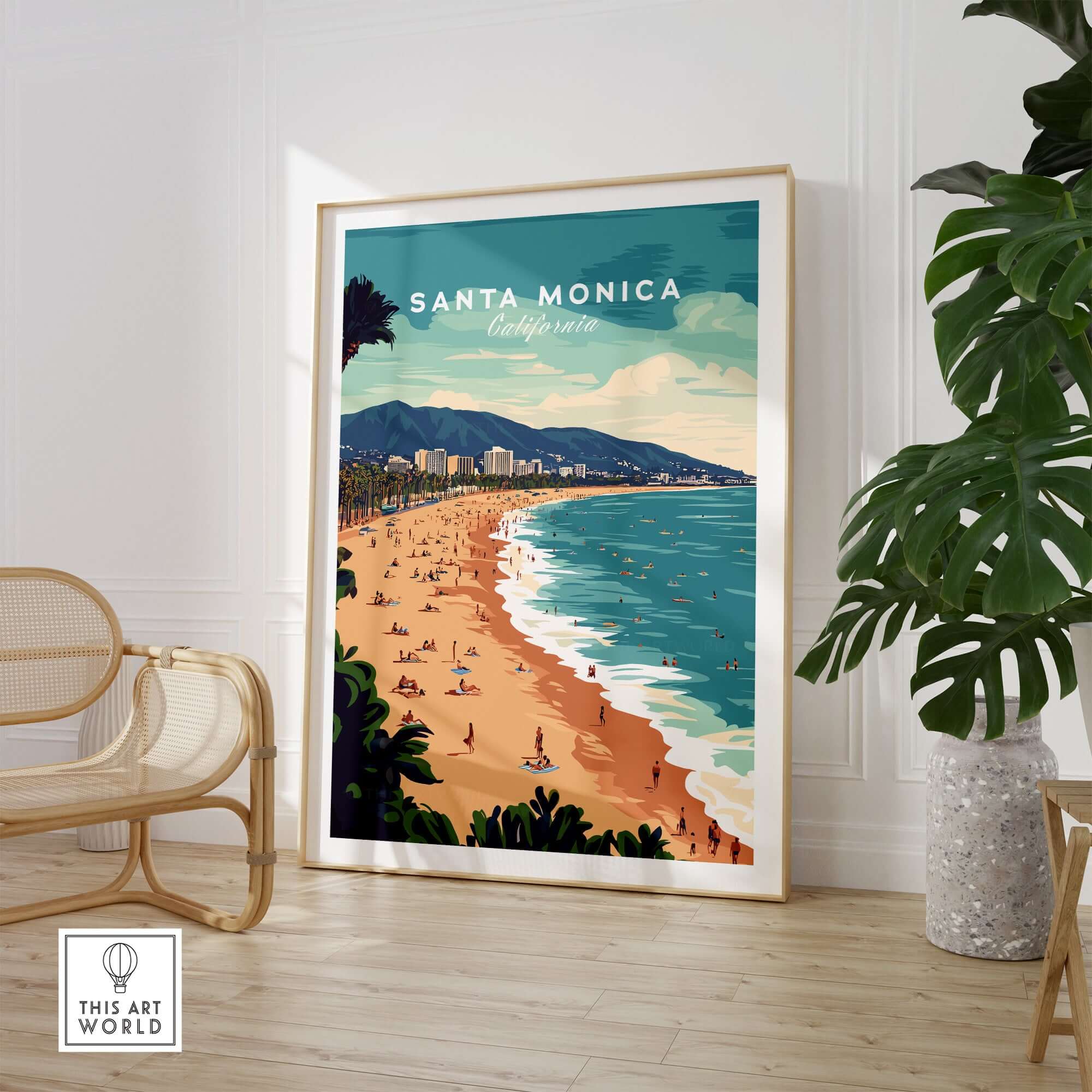 Santa Monica Wall Art Print – Sun, Sea, and Serenity showcasing a vibrant California beach scene in a stylish interior setting.