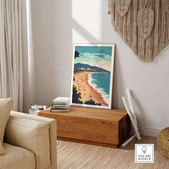 Santa Monica Wall Art Print – Sun, Sea, and Serenity displayed in a cozy living room setting.