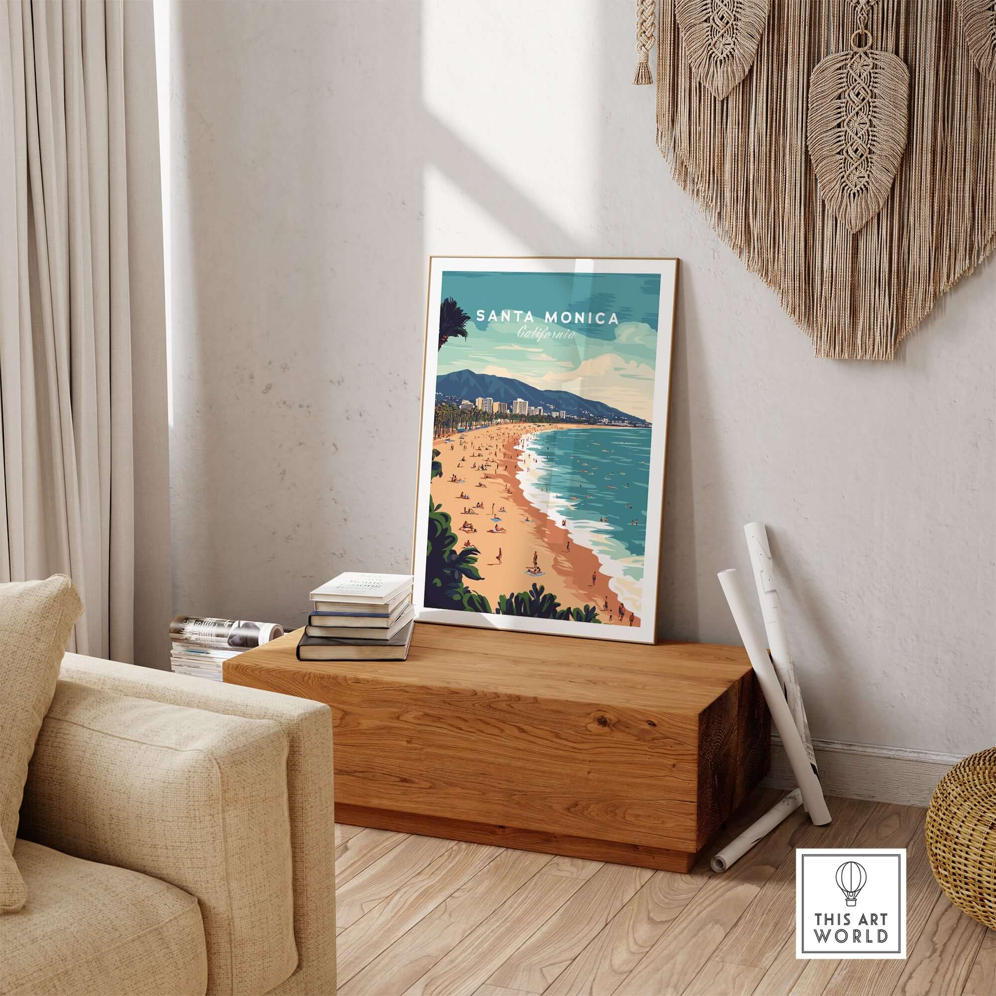 Santa Monica Wall Art Print – Sun, Sea, and Serenity displayed in a cozy living room setting.