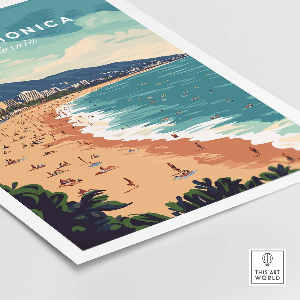 Santa Monica wall art print showcasing a vibrant beach scene with sunbathers and the California coastline.